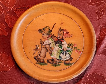 Hand Painted Wooden Display Plate of “Little Girl and Boy Walking”