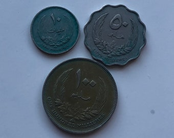 1965 Libyan Coins Set of Three (3): 1965 Libya 10 Milliemes coin, 1965 Libya 50 Milliemes coin, 1965 Libya 100 Milliemes Coin