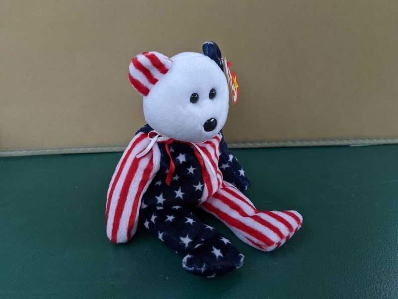 Spangle the Ty Beanie Baby Bear 1999 Patriotic American flag bear with White Head image 1