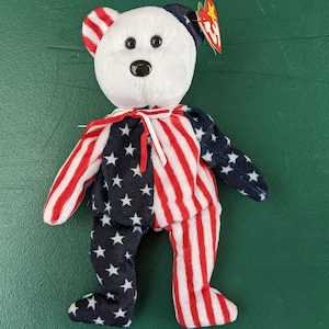 Spangle the Ty Beanie Baby Bear 1999 Patriotic American flag bear with White Head image 3