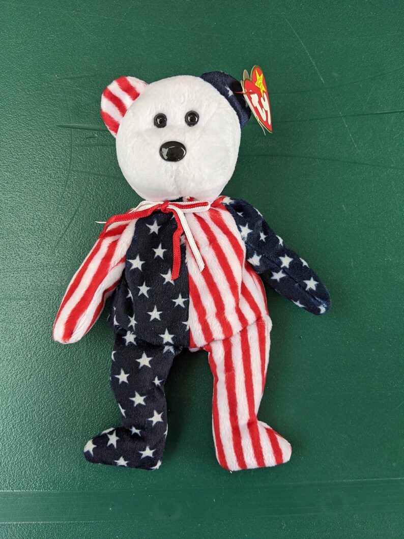 Spangle the Ty Beanie Baby Bear 1999 Patriotic American flag bear with White Head image 3