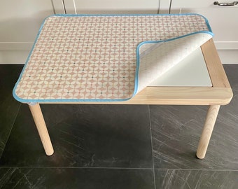 Oilcloth fitted Table Mat with elastic corner fastenings to fit IKEA FLISAT Sensory Table | Zap Blush design with Blue edging | Matt finish