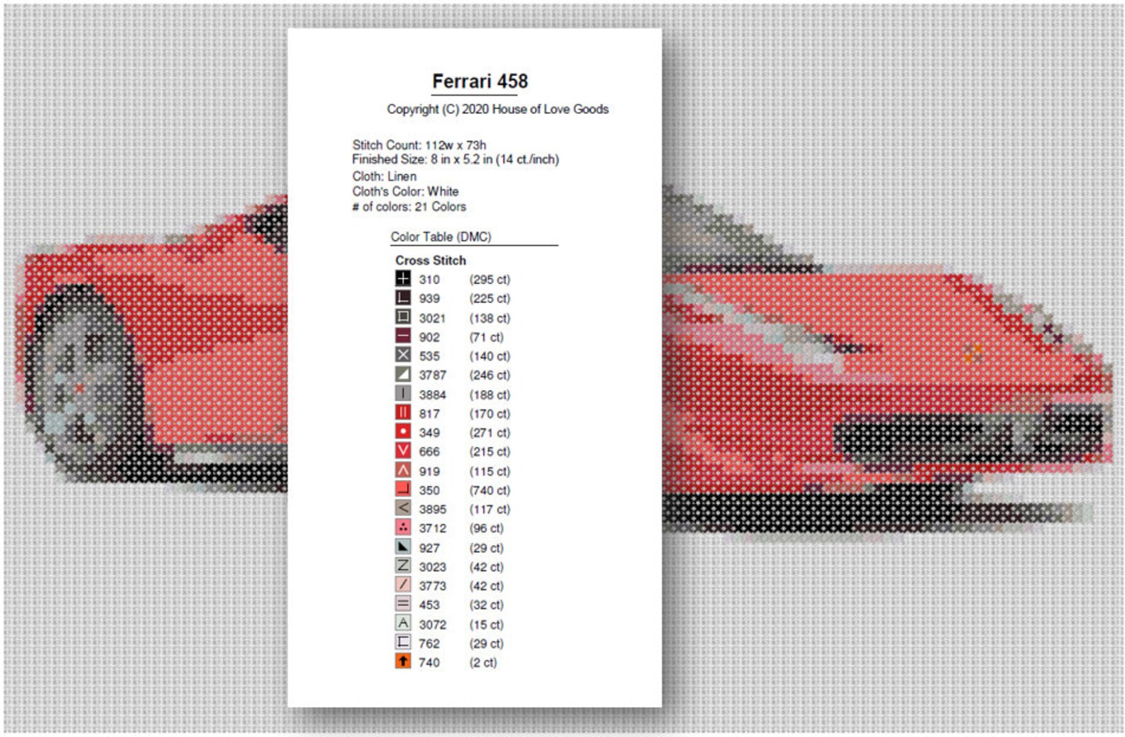 Supercar Cross Stitch Pattern, Sports Car Cross Stitch Pattern, Ferrari
