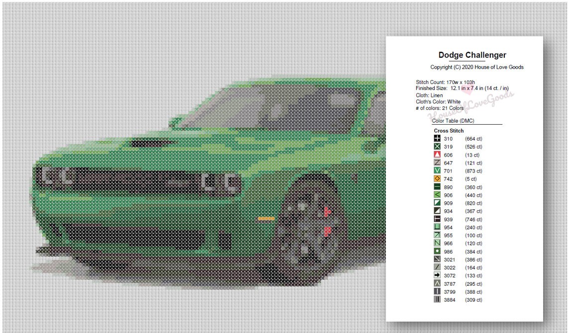 Sports Car Cross Stitch Pattern, Dodge Challenger Cross Stitch
