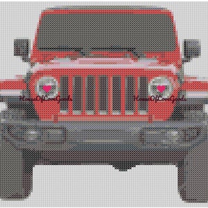 Puede incluir: Jeep Wrangler rojo con una parrilla y faros negros. Los faros tienen corazones rosas.