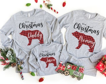 Our first Christmas family shirts personalized, Matching Family shirts, buffalo plaid christmas shirt, personalised christmas family tshirt