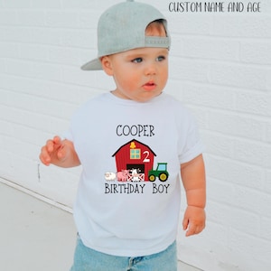 Camiseta personalizada de cumpleaños de granja, camiseta personalizada para fiesta de granja, nombre y edad del niño pequeño