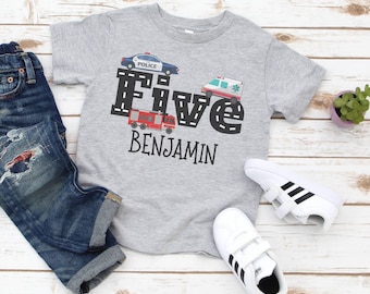 Emergency Vehicles Birthday Shirt, Rescue Vehicle Party, Ambulance Birthday Party 5th, any age Birthday Boy , Personalized birthday shirt