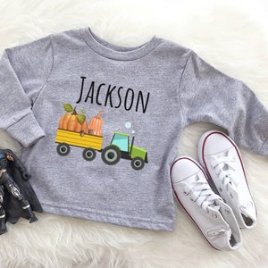 pumpkin tractor shirt, boy Thanksgiving shirt, pumpkin truck, fall toddler shirt, tractor name shirt, personalized Thanksgiving shirt