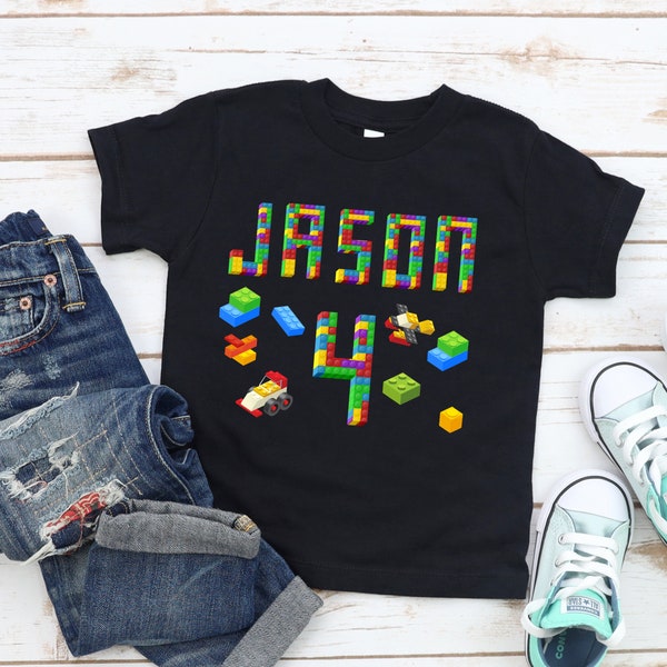 Building blocks birthday shirt, Age Birthday Boy Brick Shirt, Building Bricks Block Nerd Kid Tee