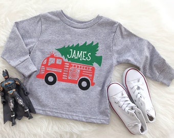 Boy firetruck Christmas Shirt, Red christmasTruck, Christmas Lights, Tree, Personalized Gray, Old Truck, Name Shirt, Boy Toddler, Baby Shirt