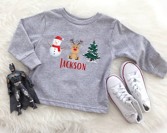 kids christmas shirt long sleeve, reindeer shirt toddler, snowman shirt kids, personalized christmas shirt for kids, toddler boy girl