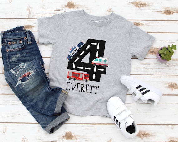 Emergency Vehicles Birthday Shirt, Rescue Vehicle Party, Ambulance Birthday Party 4th, any age Birthday Boy , Personalized birthday shirt