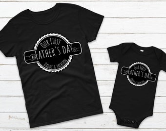 First Father's Day together matching dad shirt and baby bodysuit gift set, gear wrench 1st Father's Day matching shirts, Fist bump father