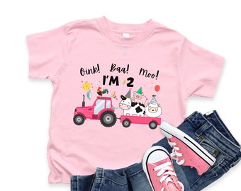 Girls' 2nd Birthday Shirt, Pink Farm Tractor, Oink Baa Moo