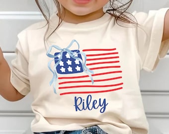 4th of July personalized name Toddler Shirt, coquette flag Tee
