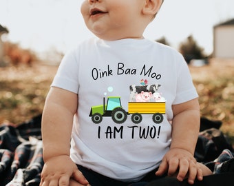 oink baa moo i am two shirt, Farm Animal Birthday Shirt, Boys Second Birthday, green Tractor, Farm Birthday Shirt