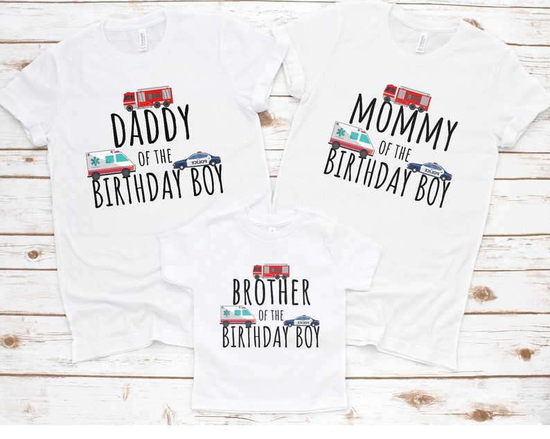 Emergency vehicles Birthday Matching Family Shirts, Rescue Vehicle Birthday Mom dad brother sister shirt, first responder shirt image 2