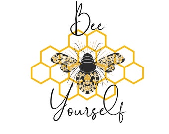 Pode incluir: Texto "Bee Yourself" com uma abelha preta com detalhes florais dourados em um fundo de favo de mel amarelo.