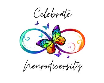 Pode incluir: Gráfico de celebração da neurodiversidade com um símbolo de infinito arco-íris e uma borboleta colorida no centro. O gráfico é rodeado por borboletas menores.