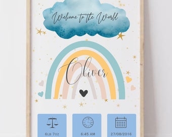 New Baby Personalised Print, Birth Details, Baby Boy Nursery, Nursery Print, New Baby Gift, Newborn Keepsake, Rainbow Print,