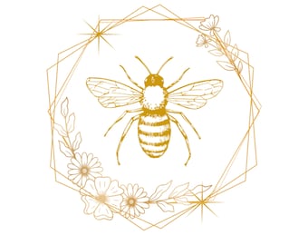 Pode incluir: Uma moldura geométrica dourada com um design floral e uma ilustração de uma abelha desenhada à mão no centro.