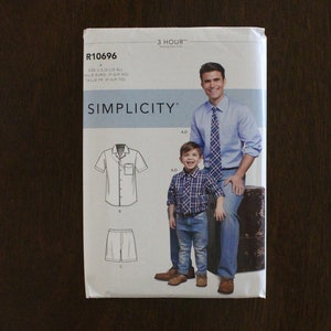 May include: A Simplicity sewing pattern for a men's and boy's shirt and shorts. The pattern is for sizes XS-XL and includes instructions for a 3-hour sewing project.