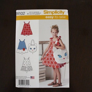 Simplicity 8102 Child's Sundress with Shoulder Bows and Kitty Tote, SZ 3,4,5,6,7,8, Uncut Factory Fold P15