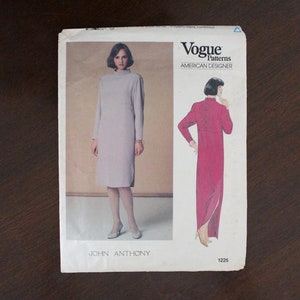 May include: Vogue Patterns American Designer sewing pattern for a dress by John Anthony. The pattern shows two models wearing the dress in different colors. The pattern number is 1225.