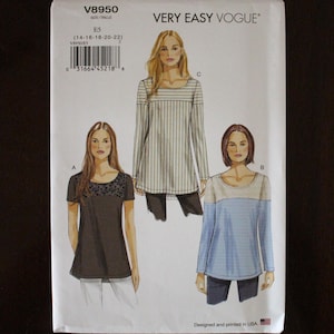 Very Easy Vogue V8950 Misses' Tunic Top, Pullover Stretch Knit, w Contrast Yokes, Side Slits, Size 14-16-18-20-22, Uncut w Factory Fold, V3