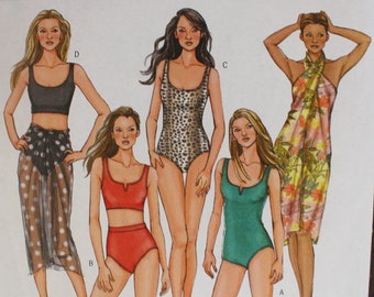 May include: A sewing pattern for swimwear, featuring five different styles. The pattern includes a black halter top, a leopard print one-piece swimsuit, a red bikini top and bottom, a green one-piece swimsuit, and a yellow and white wrap skirt.