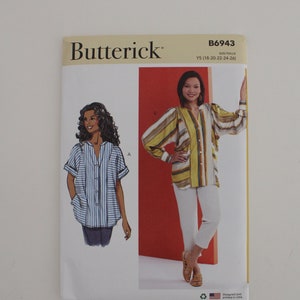 B6943 Butterick, Misses' Top, Short or Long Sleeve, V-Neck, Collar Band, Button Front, Color Block, 18-20-22-24-26, Uncut Factory Fold, P7