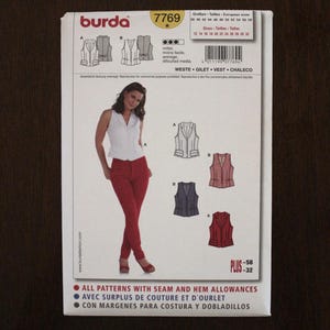 May include: A Burda sewing pattern package featuring a woman in a white top and red pants. The package includes illustrations of vests in various styles and the text "WESTE GILET VEST CHALECO". The pattern includes sizes 12-32.