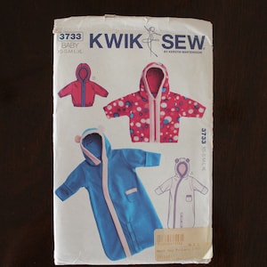 K3733 Cute Infant Bunting and Jacket by KWIK Sew, Features Ears, Hood, Patch Pocket, Sleeves w Mitts, For Fleece Fabric, Uncut Factory Fold