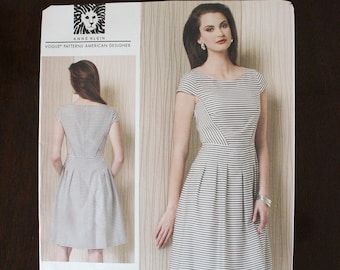 May include: A sewing pattern for a striped dress with a V-neckline and short sleeves. The pattern is for sizes 4-6-8-10-12. The pattern is by Anne Klein, Vogue Patterns American Designer. The pattern number is V1499.