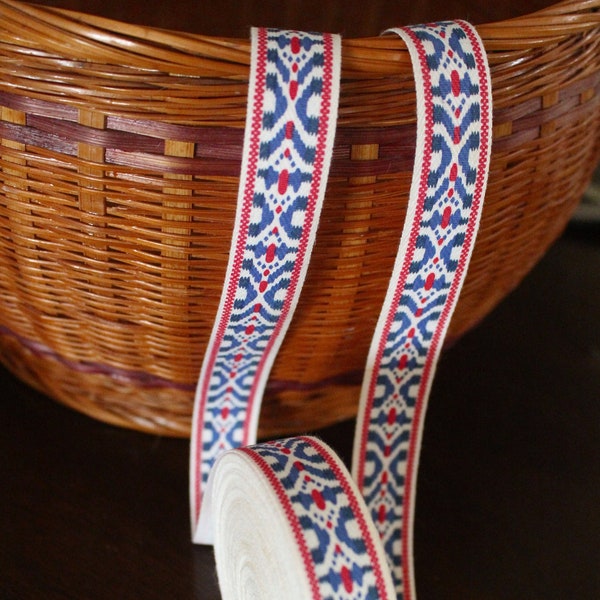 3/4" Twill Ribbon, Geometric Folk-Art Design, Blues, White and Red, Vintage Lightweight Twill Trim, By the Yard, Multiple Yards Available