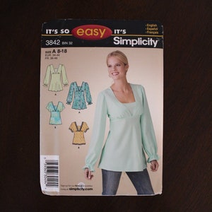Simplicity 3842 &#39;It&#39;s So Easy&#39; Sewing Pattern  SZ 8-18 Misses&#39; Pullover Bias Tunic or Top w Back Tie, New Uncut Factory Fold B5