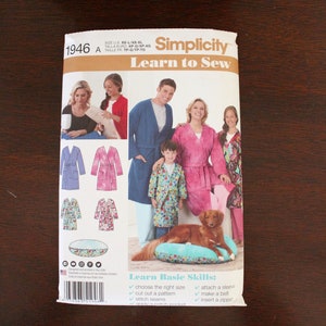 Simplicity Learn to Sew S1946 Unisex Child's Teen' and Adults' Robe w Belt, and Pet Bed XS-L and XS-XL New Uncut P2