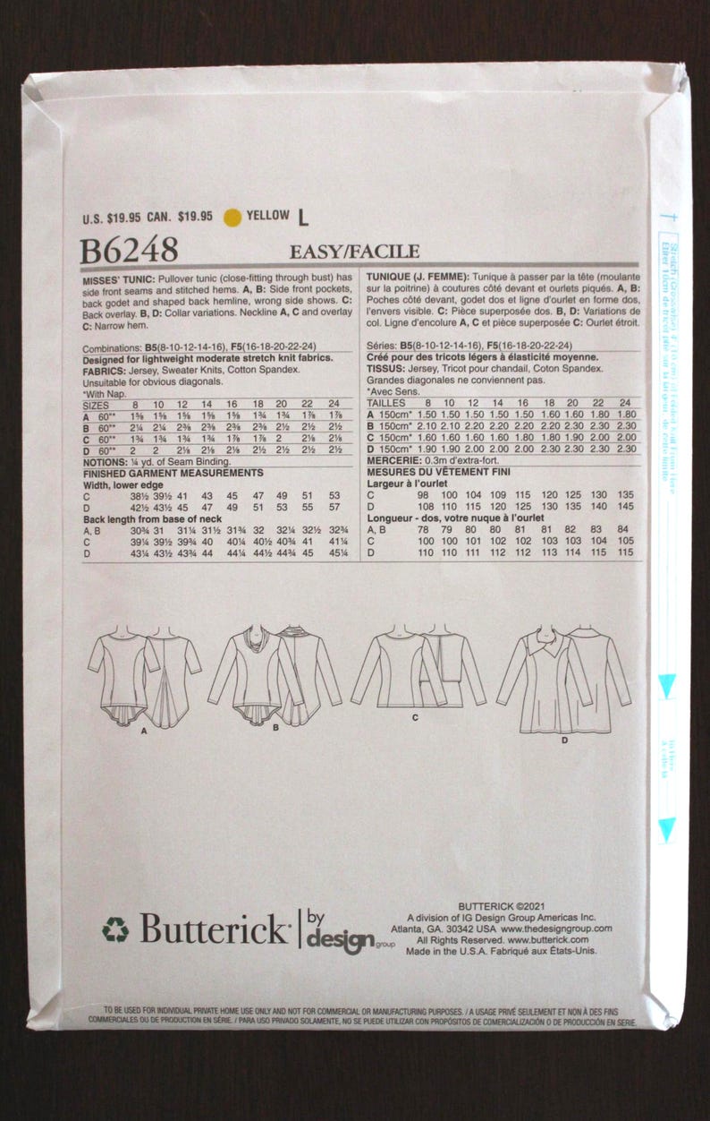 B6248 Butterick Tunic Top Sewing Pattern, Princess Seams W Variations ...