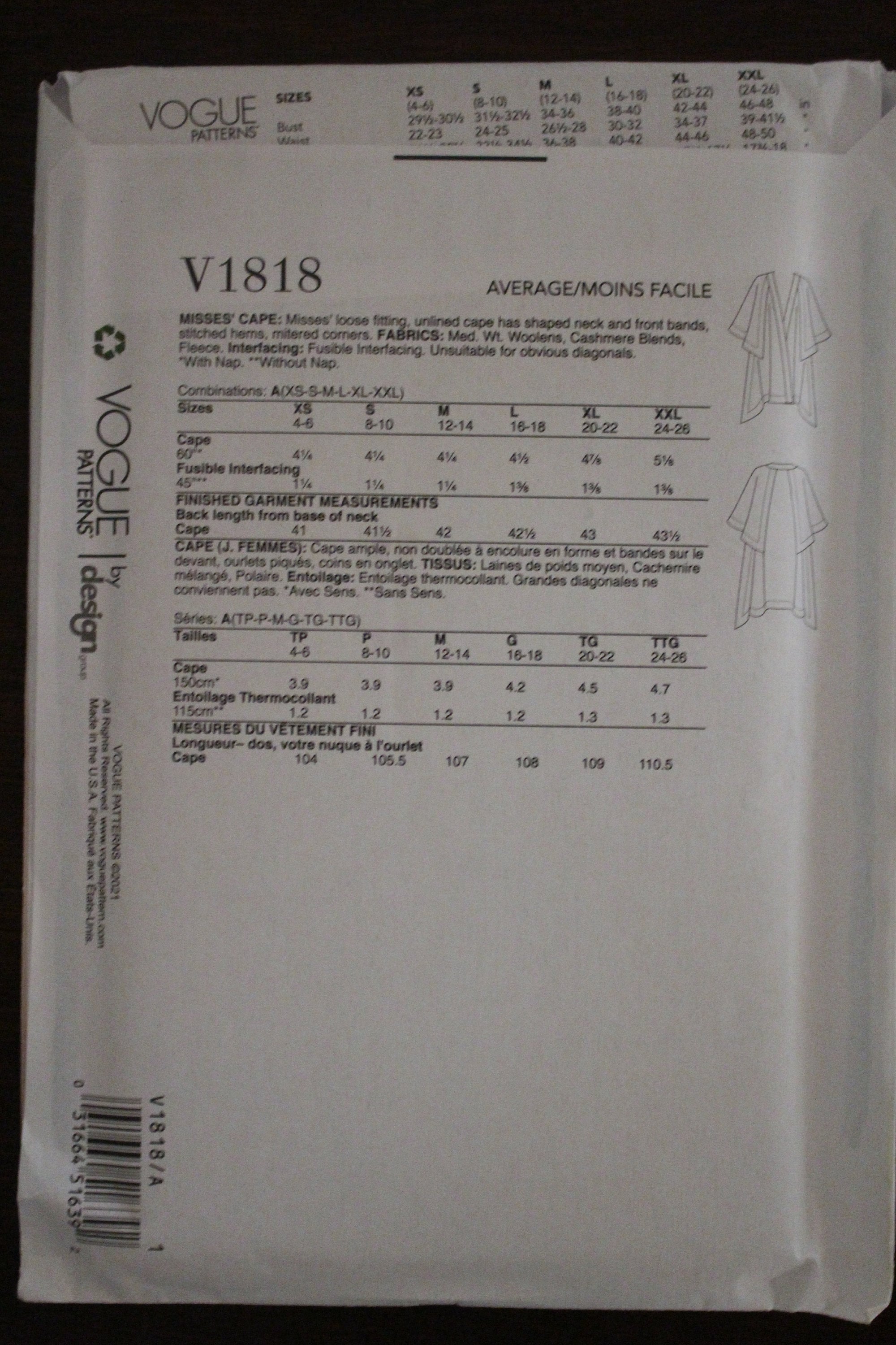 Vogue V1818 Misses' Cape, Loose-fitting Unlined Cape, Shaped Neck, Tom ...