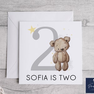 Tarjeta personalizada de segundo cumpleaños / Tarjeta de oso de peluche / Tarjeta para el 2º cumpleaños / Tarjeta de cumpleaños del niño / Tarjeta para niños / Oso de peluche / Bebé