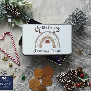 Spersonalizowany prezent świąteczny dla nauczyciela | Puszka na smakołyki dla nauczyciela | Prezent dla nauczyciela | Puszka na prezent w kształcie renifera | Spersonalizowana puszka do przechowywania na Boże Narodzenie