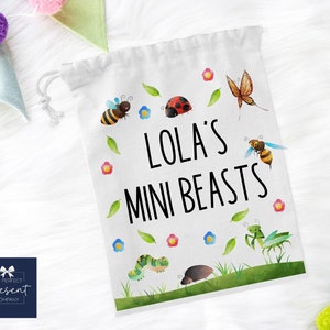 May include: White cotton drawstring bag with a colourful illustration of ladybirds, bees, butterflies, caterpillars, and a praying mantis. The bag has the text "Lola's Mini Beasts" printed on it.