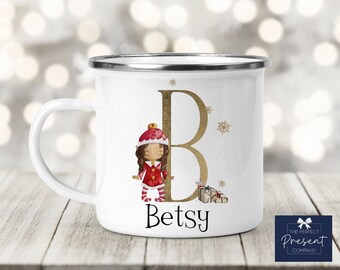 Personalisierte Elfen Tasse | Mädchen Elfe | Junge Elfe | Heiße Schokoladen-Tasse | Personalisierte Emaille-Weihnachtstasse | Heiligabend Box Filler | Weihnachtsbecher