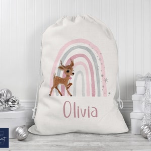 Personalised Childrens Santa Sack Christmas Bag Cartoon Cute Reindeer Pink 