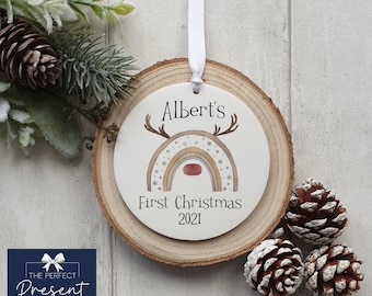 Personalisierte Erste Weihnachtsdekoration | Baby Erste Weihnachten | Erstes Weihnachtsgeschenk | Regenbogen Weihnachtsdekoration | Rentier | Reinbow