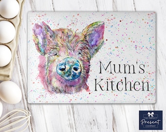 Personalised Glass Chopping Board | Kitchen Worktop Saver | Mothers Day Gift | Watercolour Pig Chopping Board | Pig Kitchen Accessories