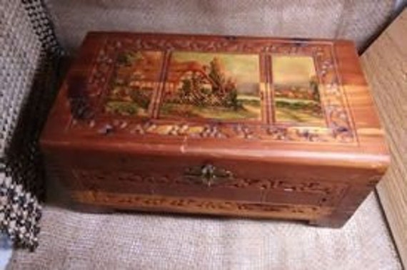 Jewelry Box Valet Hand Carved Cedar Vintage Vanity Decor