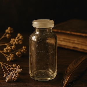 May include: A clear glass bottle with a light-colored lid. The bottle is on a dark wooden surface, with a feather and dried flowers nearby. The scene has a vintage, apothecary aesthetic.