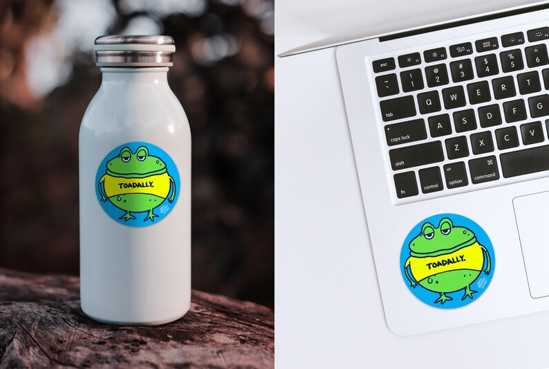 May include: A white water bottle with a green frog sticker on it. The sticker says "TOADALLY."